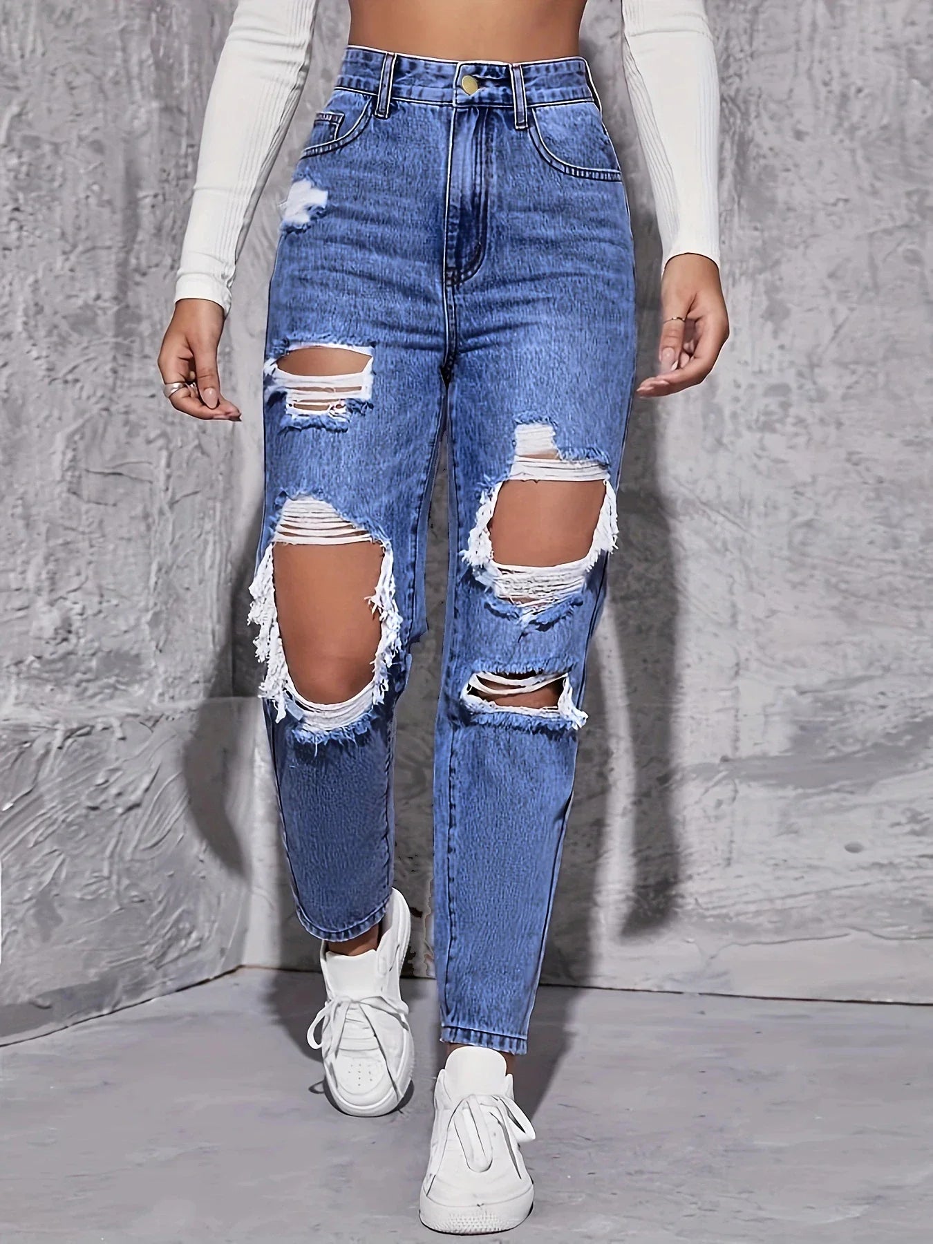 CPSYMYM Amerikanische Retro-Jeans mit Locher für Damen, hohe Taille, gerader Schritt, lockeres, schlankes Design, High-Street-Vibe, weitbeiniger Draggi